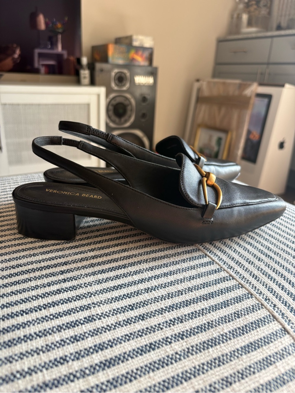 Veronica Beard Casie Black Leather Slingback Loafers with Gold Buckle